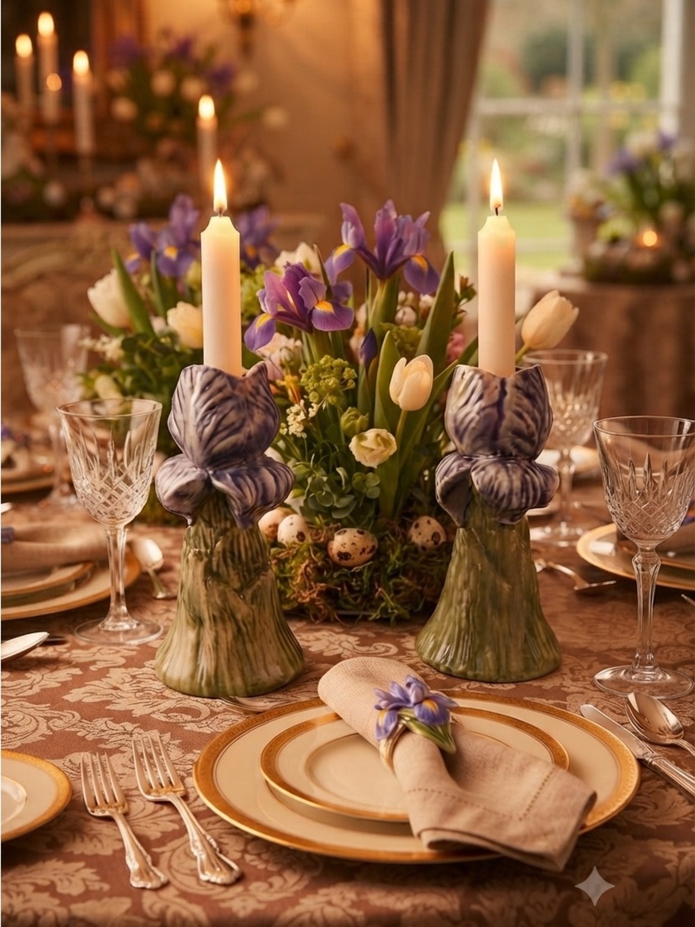 Vintage Ceramic Purple Flower Bud Candle Holders - Set of 2